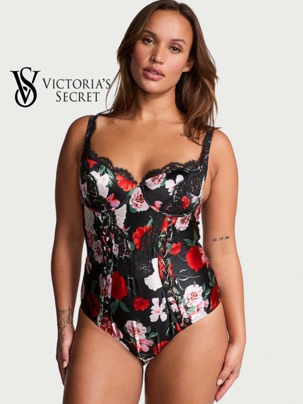 Atelier Victoria's Secret Noir Satin Lace-Trim Cupped Bodysuit